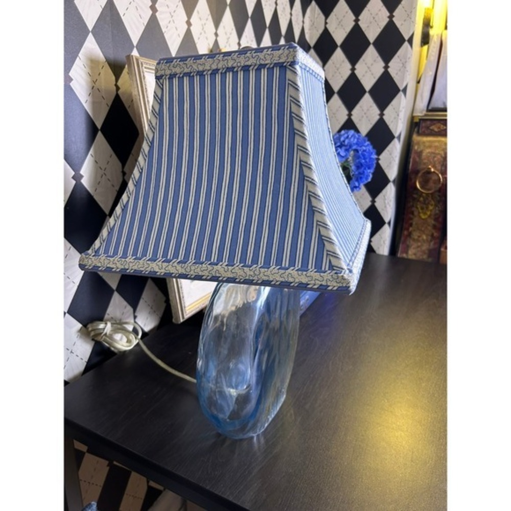Coastal Aqua Blue Glass Table Lamp Blue White Striped Shade - Picture 8 of 11